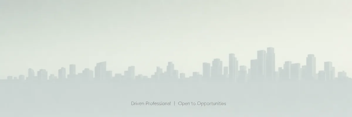 Generic LinkedIn banner: a faded city skyline reading 'Driven Professional, Open to Opportunities'